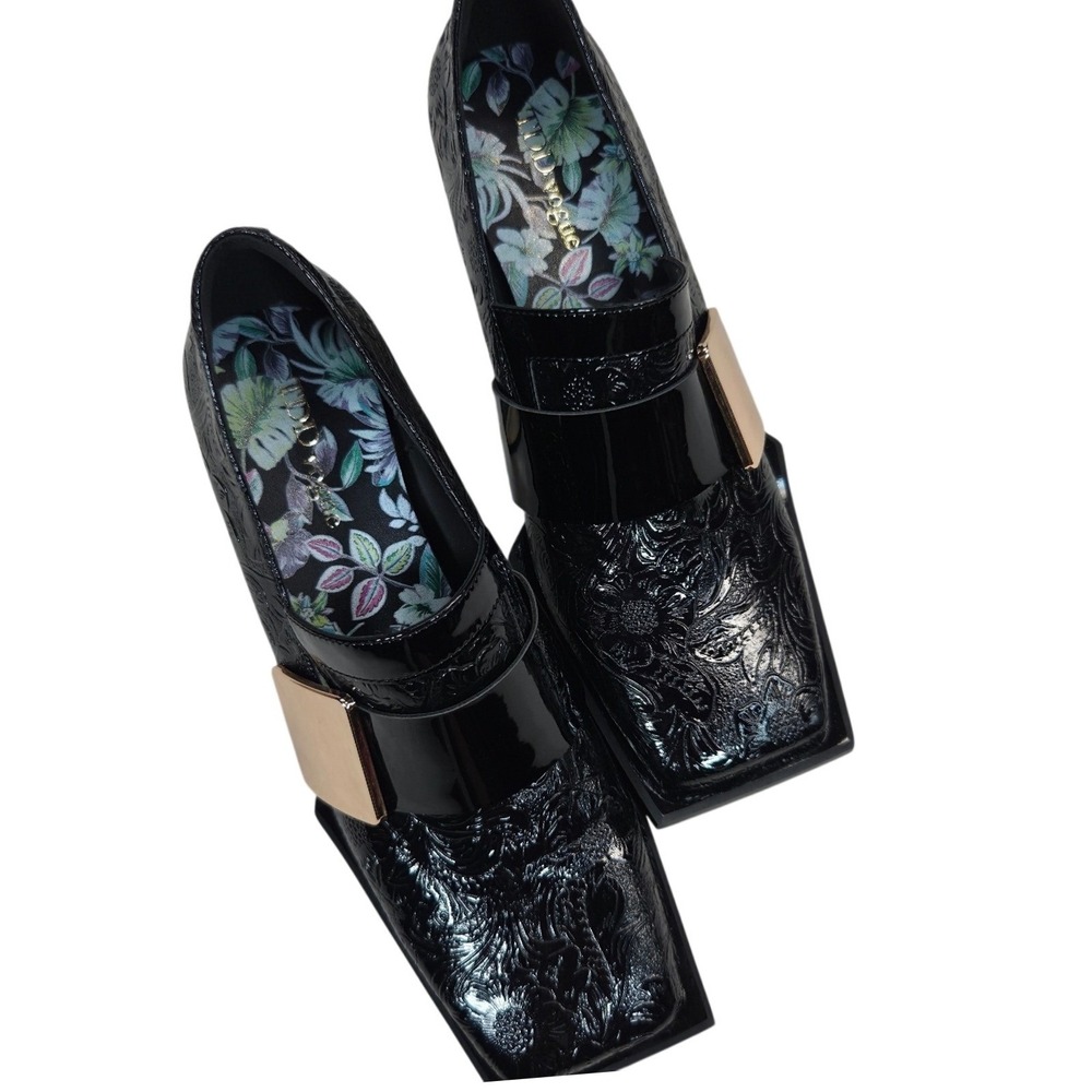 TDD Vogue Block Heel Loafers Womens 9 Black Patent Floral Embossed Buckle Shoes